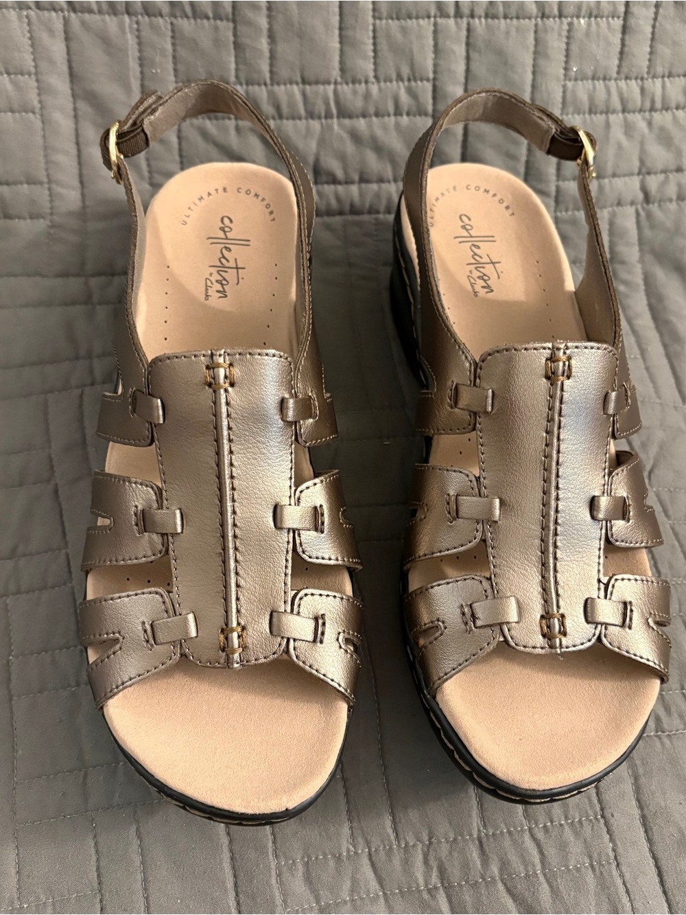 Clarks Lexi Marigold Pewter Metallic Leather Wedge Sandals Women 8.5 M